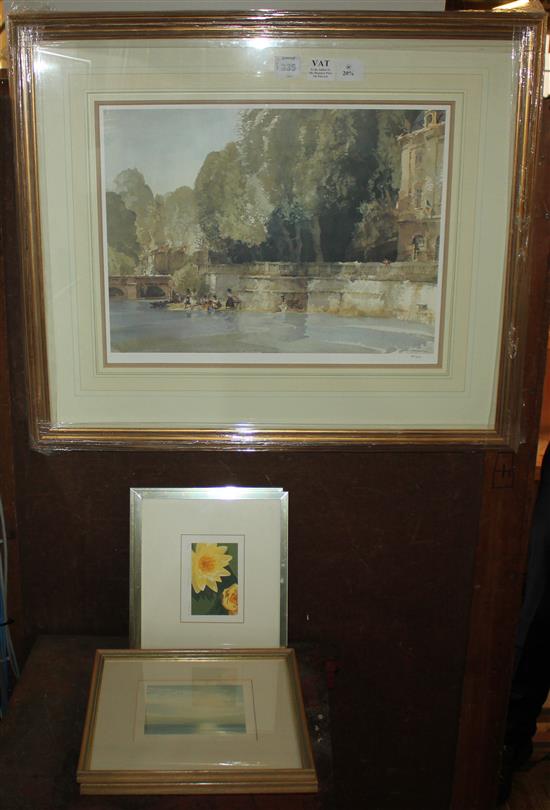 Michael Fairclough, pair of aquatint seascapes and two screenprints by Linda Hill, Joes Koi and Dianas Lilies